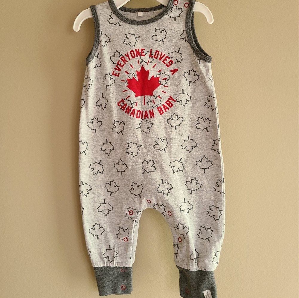 Grey maple leaf print sleeveless footless romper